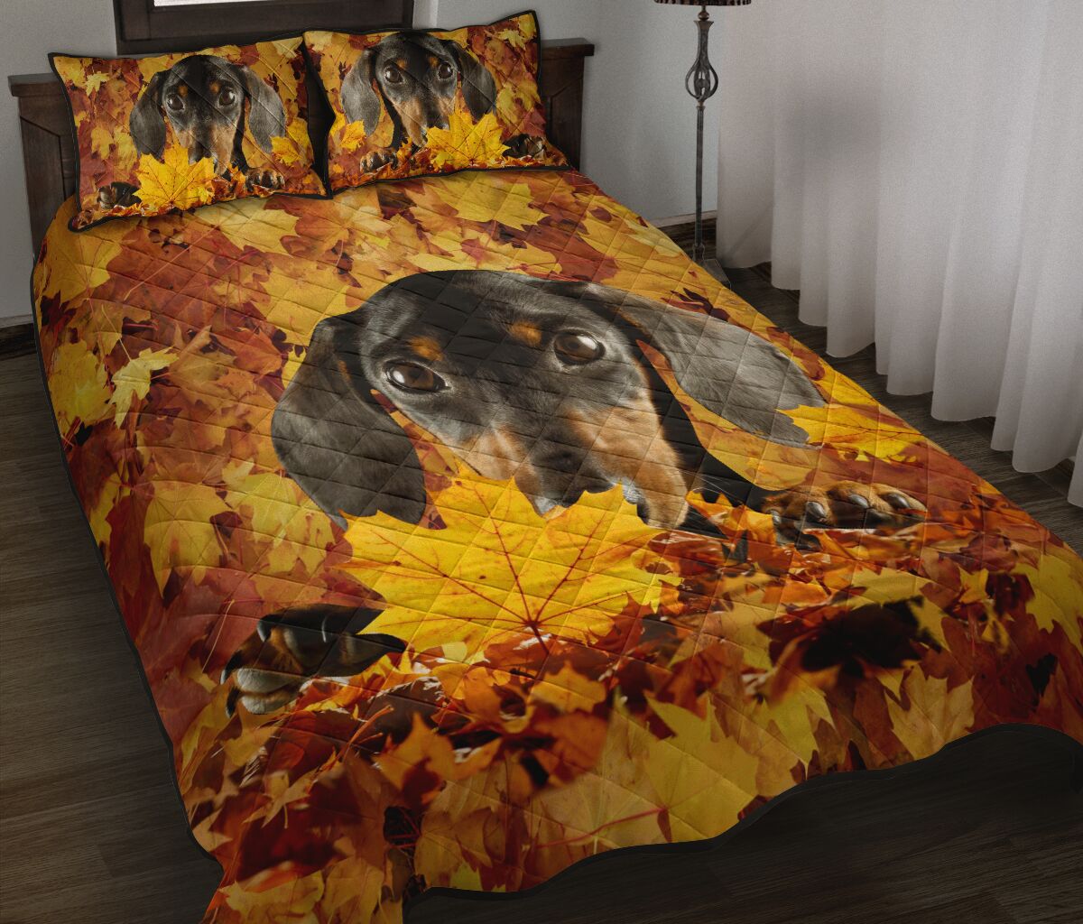 Dachshund And Leaves - Bed Set- Love Quilt Bedding Set