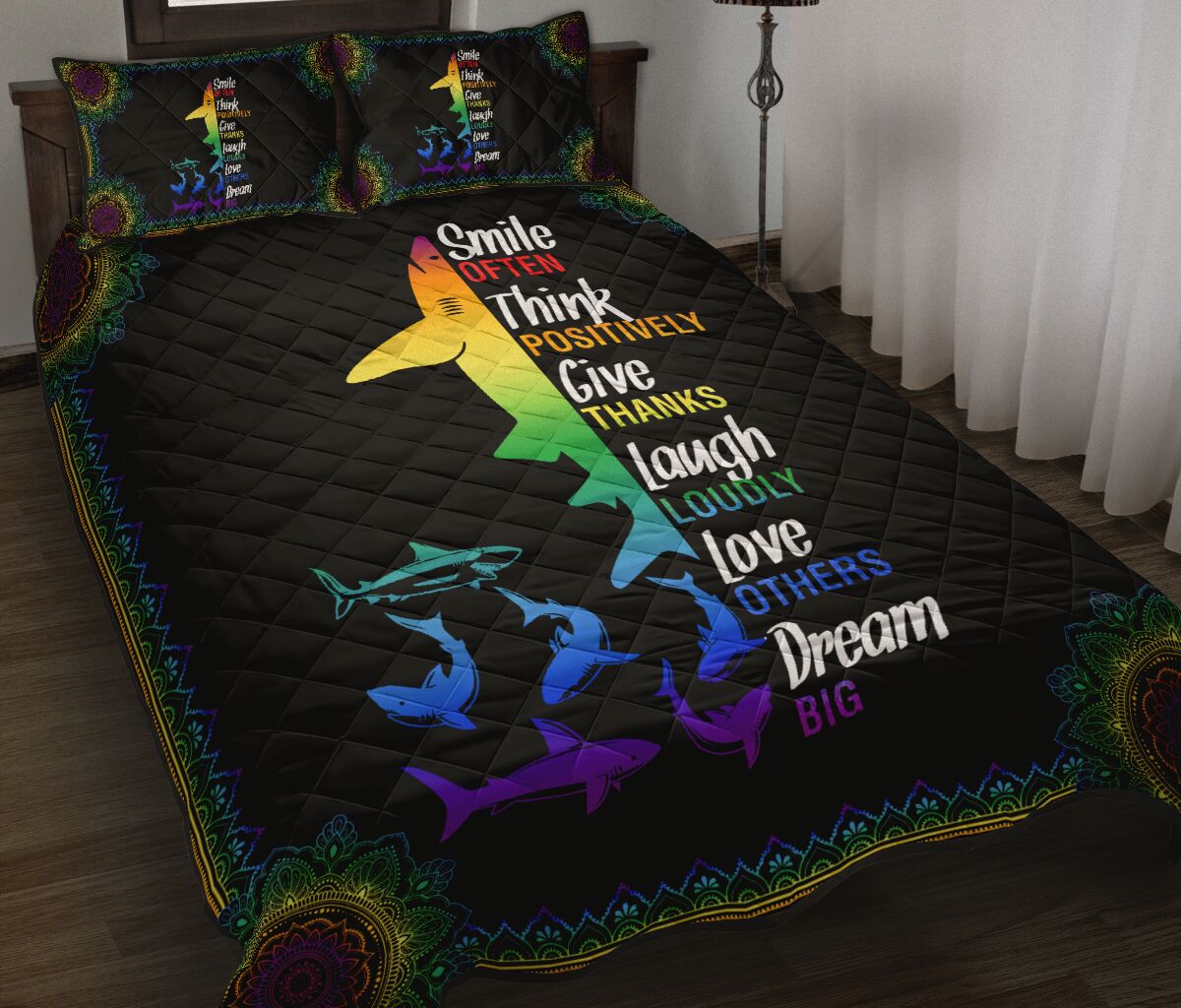 Shark Rainbow Color Smile Often Think Quilt Bed Set 2- Love Quilt Bedding Set