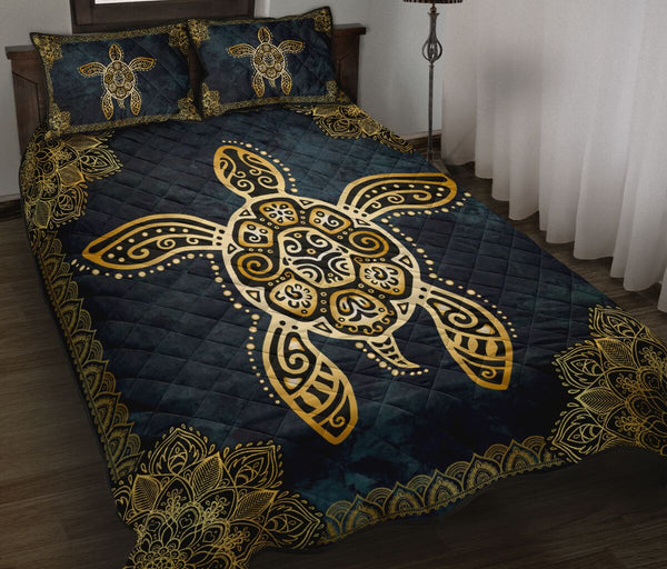 Turtle Mandala Gold Art Style Quilt Bed Set - Love Quilt Bedding Set