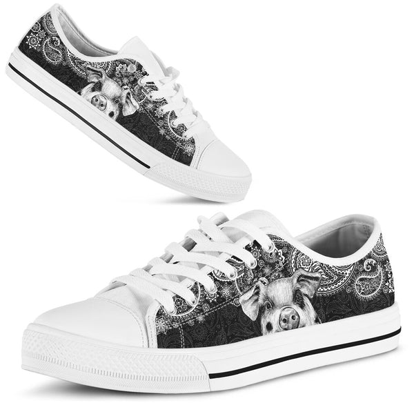 Pig Paisley Black White Low Top  Shoes