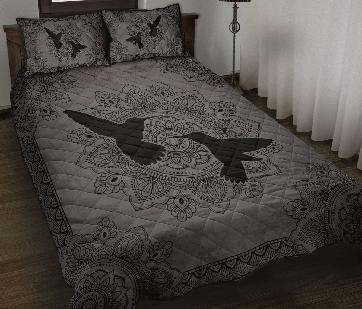 Humming Bird Mandala Grey Quilt Bed Set - Love Quilt Bedding Set