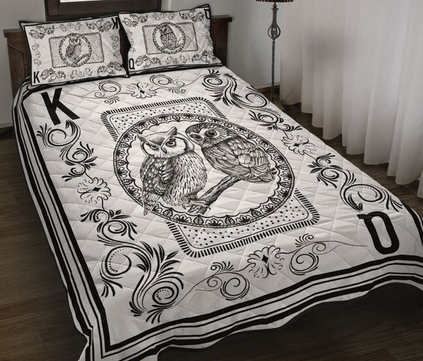 Owl King Queen Pen Art Poker Quilt Bed Set - Love Quilt Bedding Set