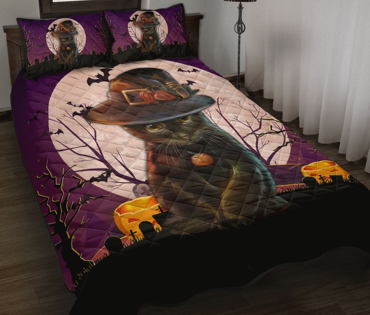 Cat Halloween Art Style Quilt Bed Set - Love Quilt Bedding Set
