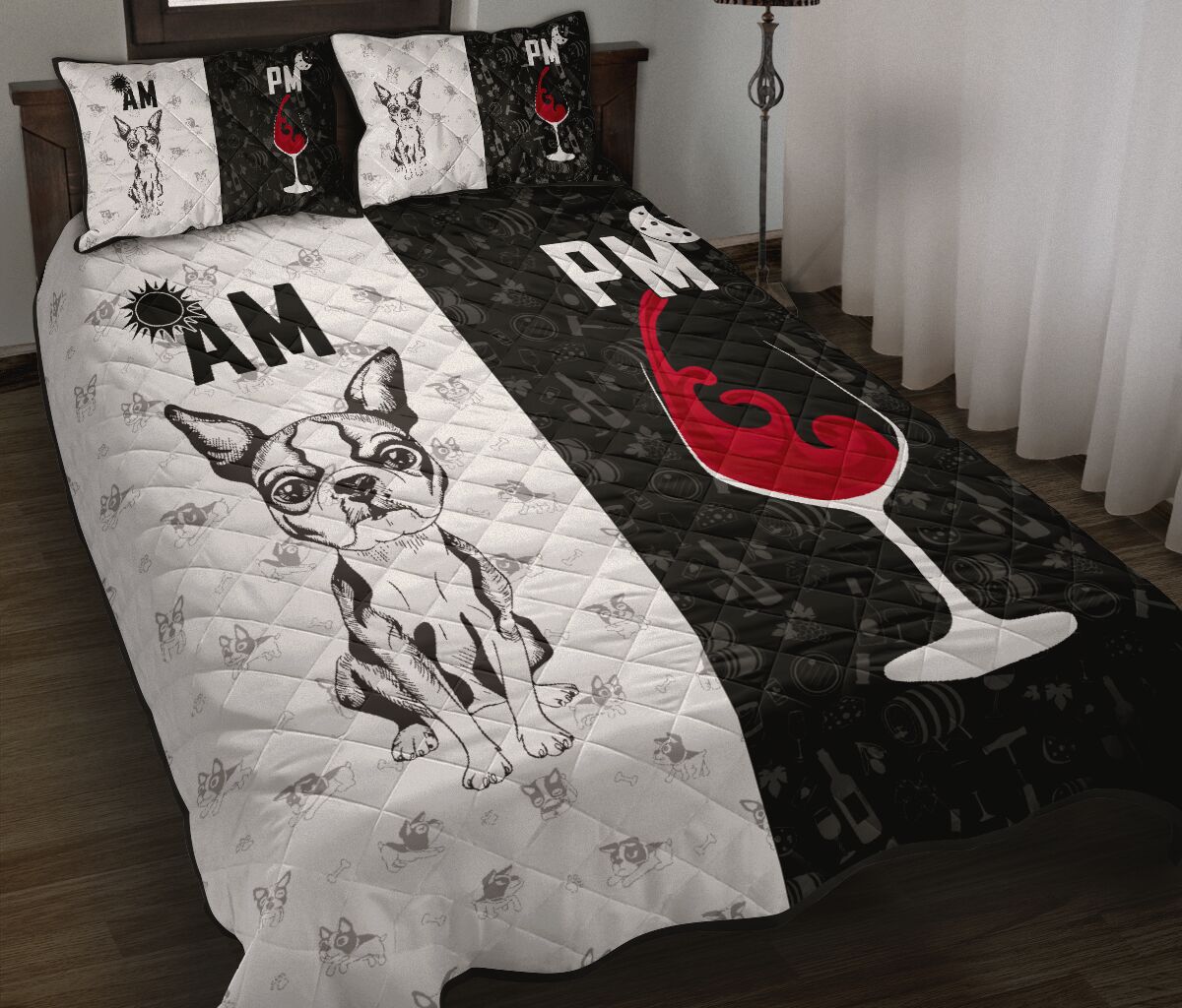 Boston Terrier Dog Black And White Style Quilt Bed Set - Love Quilt Bedding Set