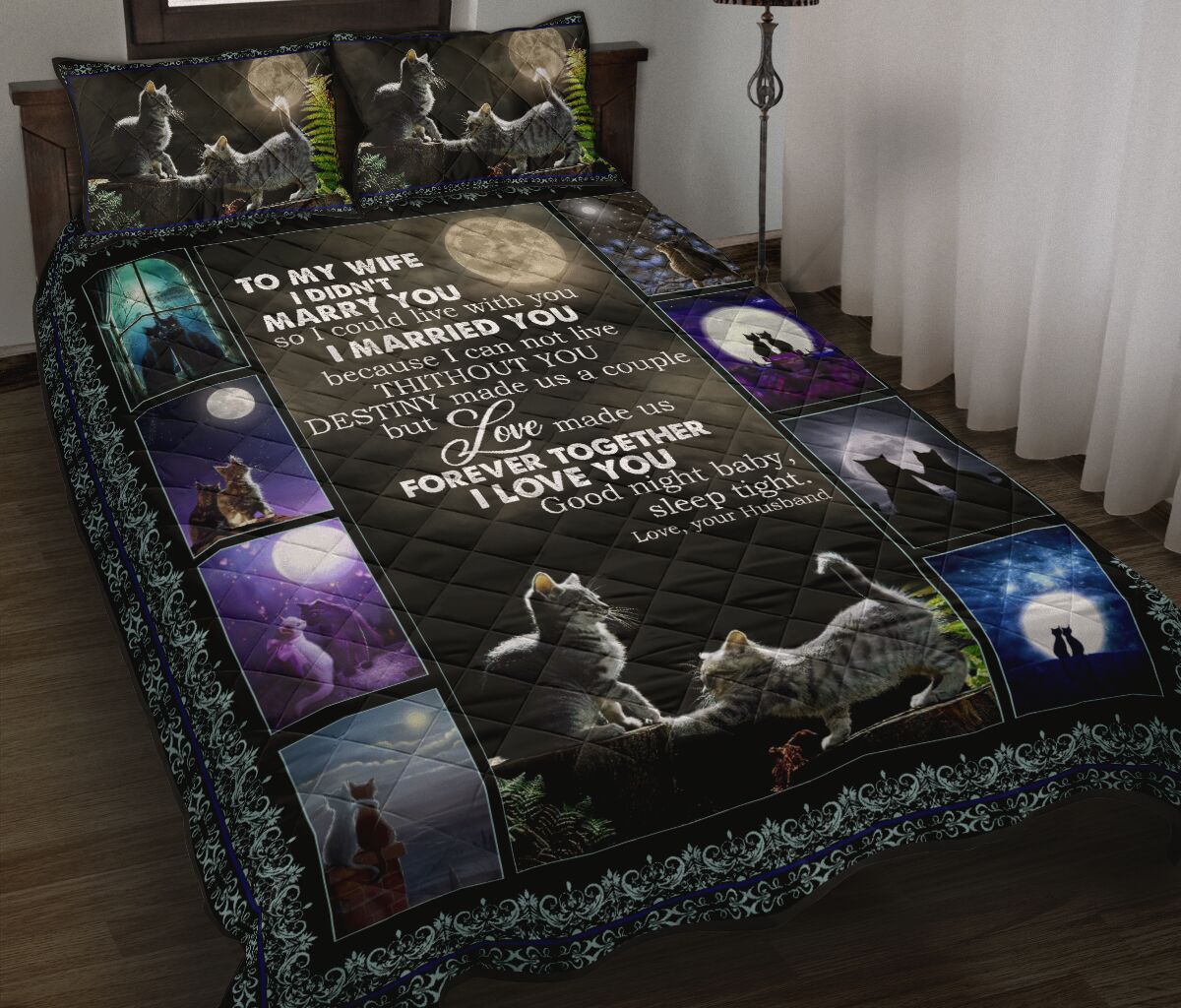 Cat Love Dark Moon Quilt Bed Set - Love Quilt Bedding Set