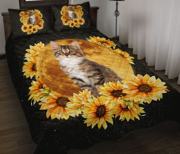 Cat Moon Sunflower Quilt Bed Set - Love Quilt Bedding Set