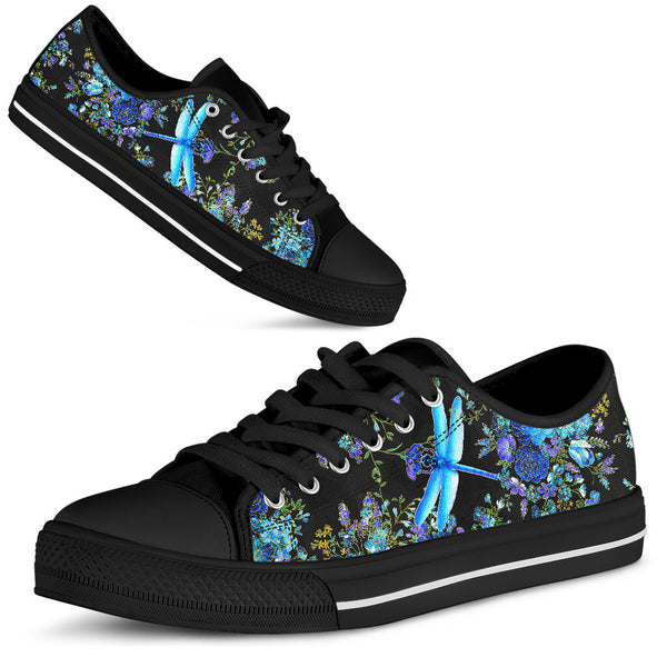 Dragonfly Black Gold Blue Flower - Low TopShoe - Love Love Top Shoes