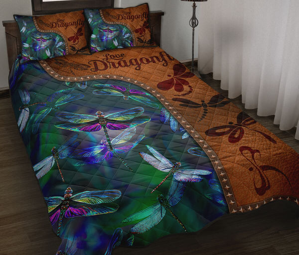 Dragonfly Art Leather Style Quilt Bed Set - Love Quilt Bedding Set