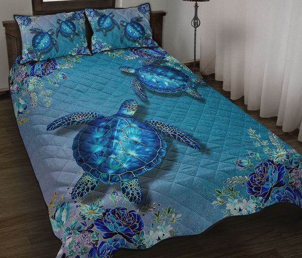 Turtle Galaxy Floral Quilt Bed Set - Love Quilt Bedding Set