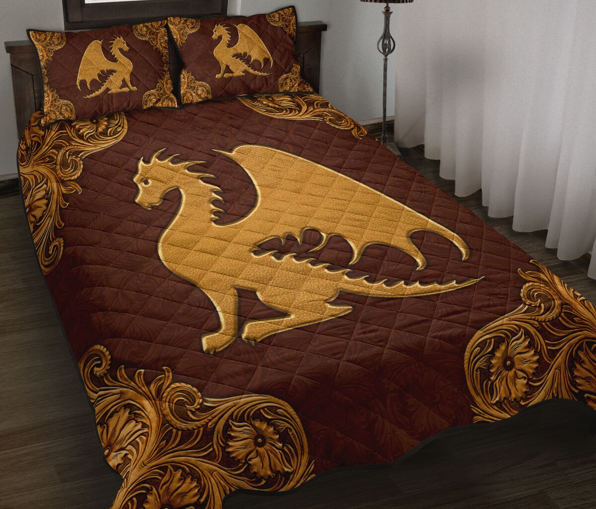 Dragon Leather Carving Style Quilt Bed Set - Love Quilt Bedding Set