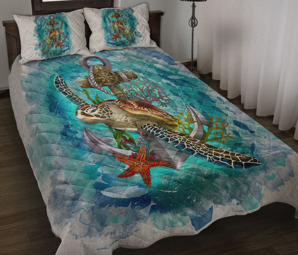 Turtles Watercolor Style Quilt Bed Set - Love Quilt Bedding Set