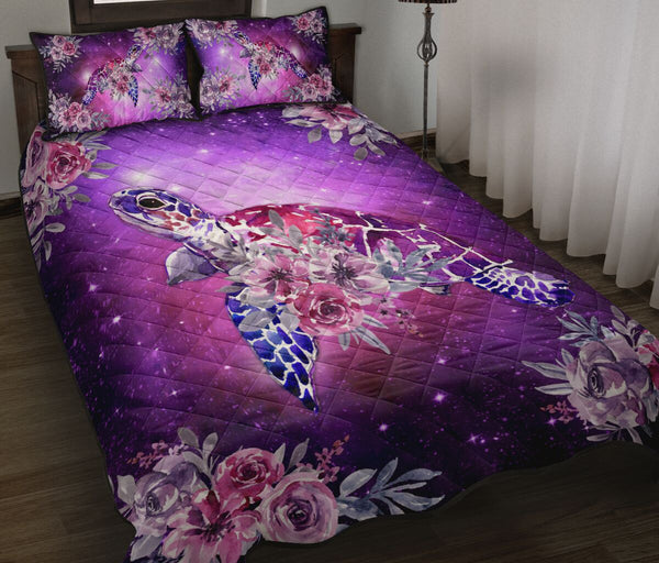 Turtle Flower Watercolor Galaxy Style Quilt Bed Set - Love Quilt Bedding Set