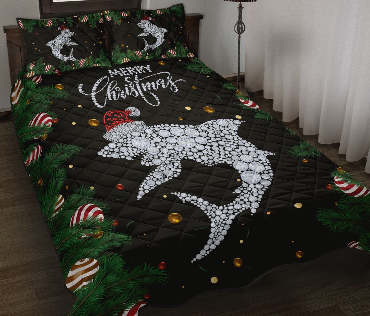 Shark Diamond Hat Santa Backgroud Christmas Quilt Bed Set - Love Quilt Bedding Set