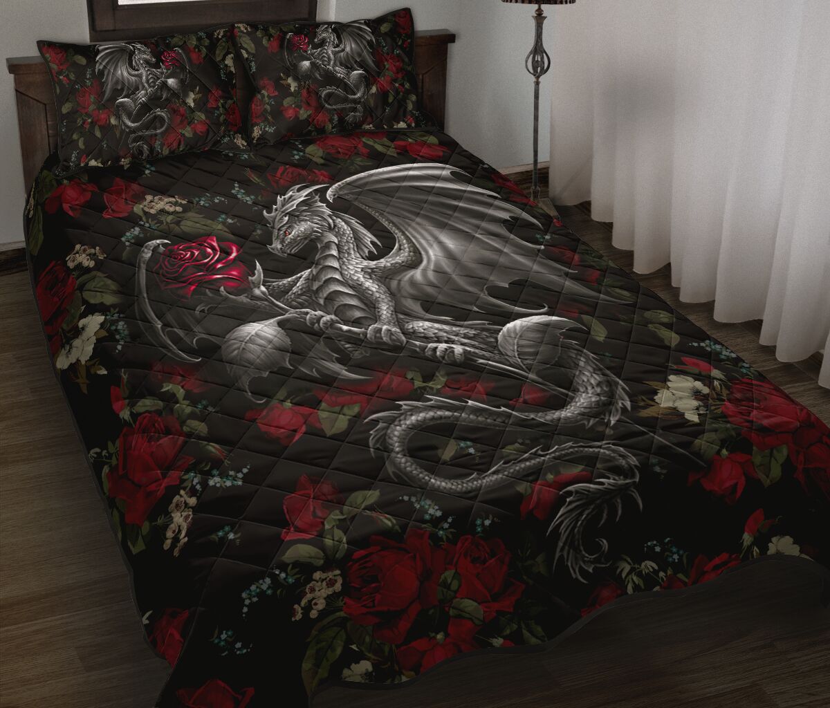 Dragon And Rose Quilt Bed Set - Love Quilt Bedding Set