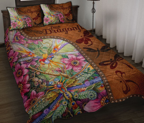 Dragonfly Art Leather Style Quilt Bed Set- Love Quilt Bedding Set