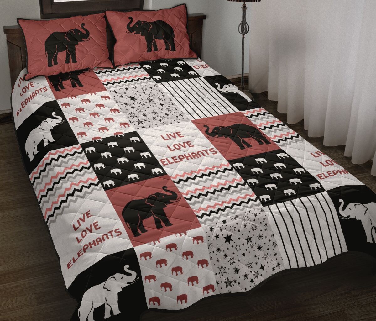 Live Love Elephants Pattern Quilt Bed Set - Love Quilt Bedding Set
