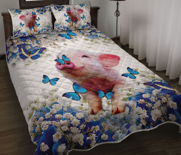 Pig Blue And White Flowers Vertical - Love Quilt Bedding Set