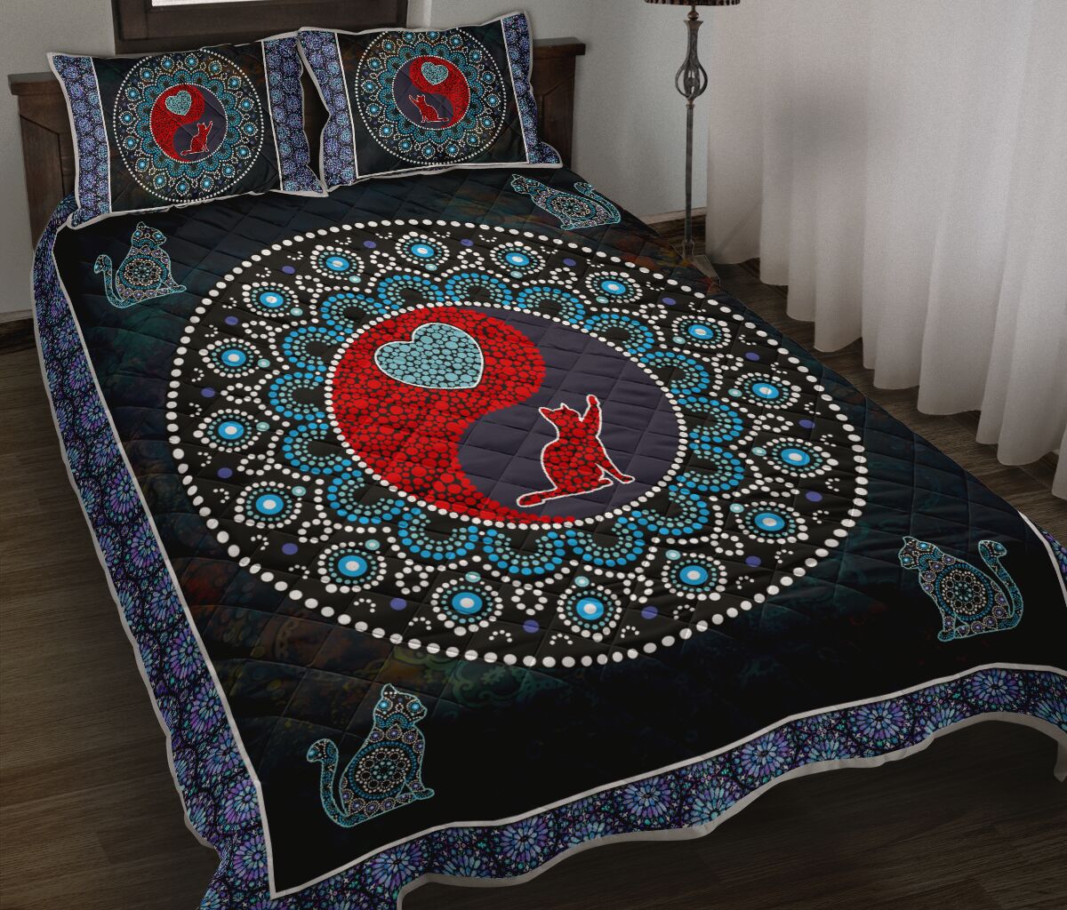 Cat Mandala Ying And Yang Style Quilt Bed Set - Love Quilt Bedding Set