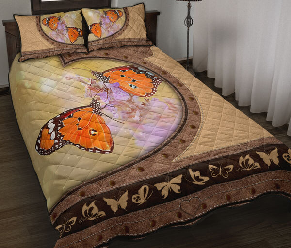 Butterflies Leather Heart Style Quilt Bed Set - Love Quilt Bedding Set