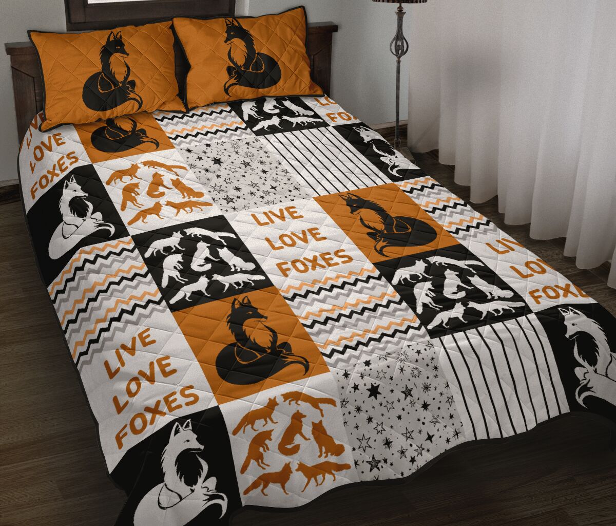 Live Love Foxes Pattern Quilt Bed Set - Love Quilt Bedding Set