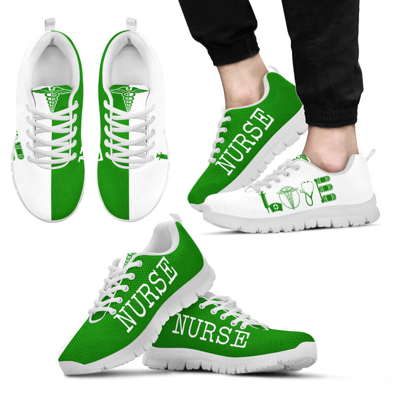 Nurse- Love Green White Sneakers, Running Shoes, Shoes For Women, Shoes For Men, Custom Shoe- Love Sneakers