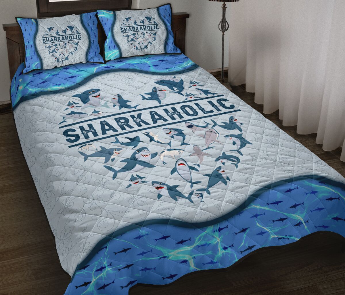 Sharkaholic Pattern Heart Style Quilt Bed Set - Love Quilt Bedding Set