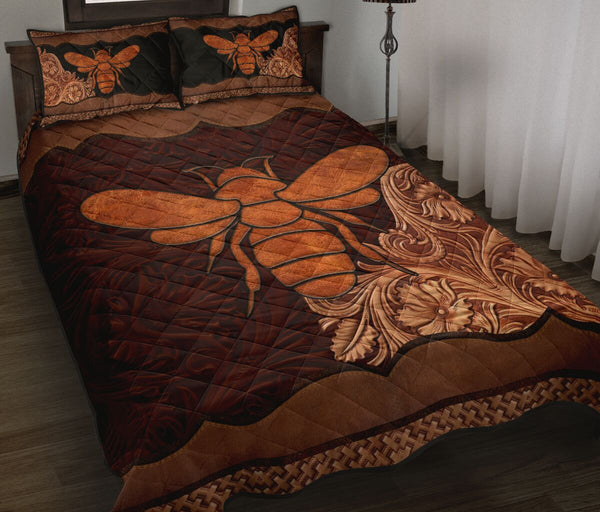 Bee Carving Leather Skin Style Quilt Bed Set - Love Quilt Bedding Set