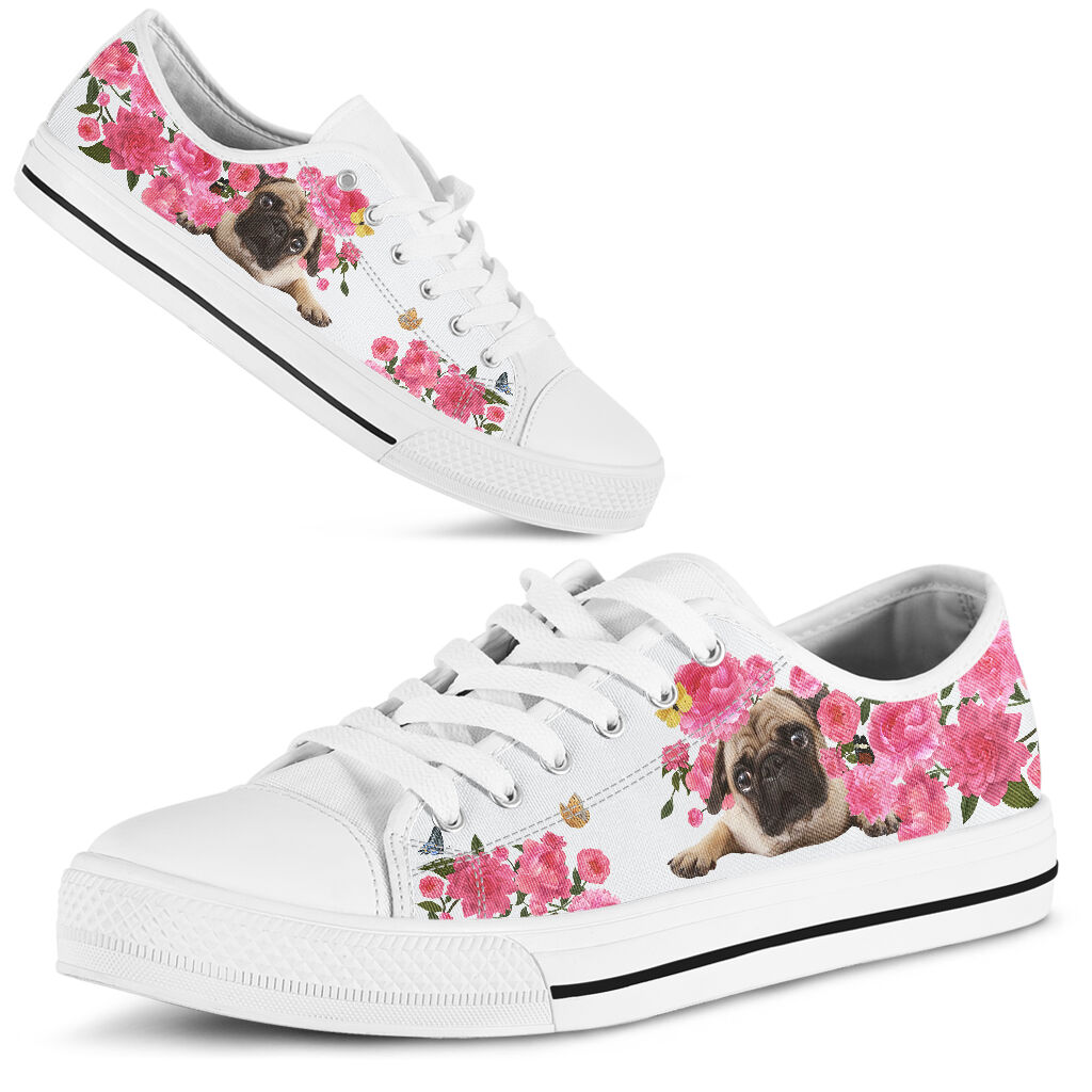 Pug And Flowers - Low Top Shoe - Love Love Top Shoes