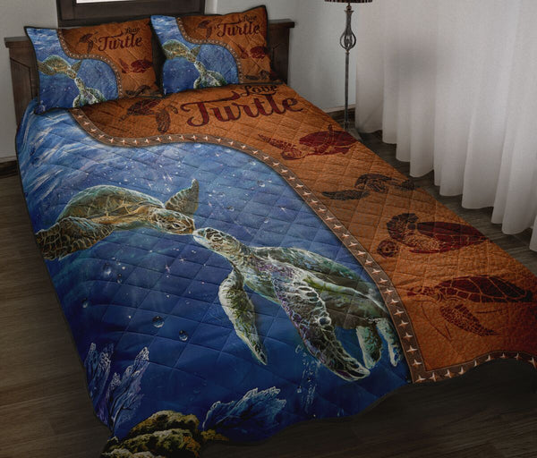 Turtle Art Leather Style Quilt Bed Set - Love Quilt Bedding Set