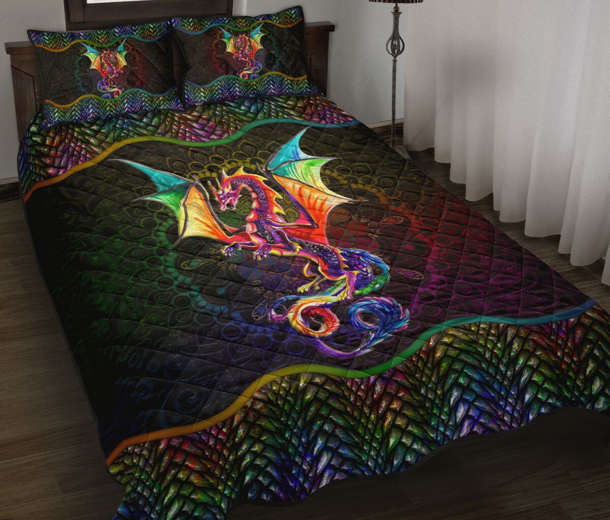 Dragon Mandala Skin Rainbow Color Style Quilt Bed Set - Love Quilt Bedding Set