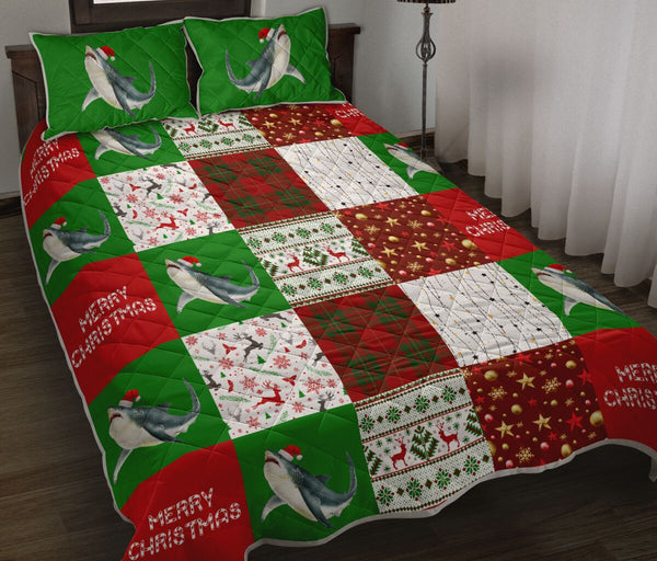 Shark Merry Christmas Pattern Style Quilt Bed Set - Love Quilt Bedding Set