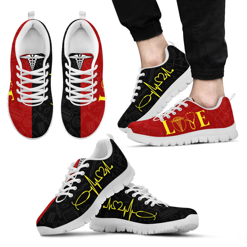 Nurse Love Heartbeat Red Black Sneakers, Running Shoes, Shoes For Women, Shoes For Men, Cust- Love Sneakers