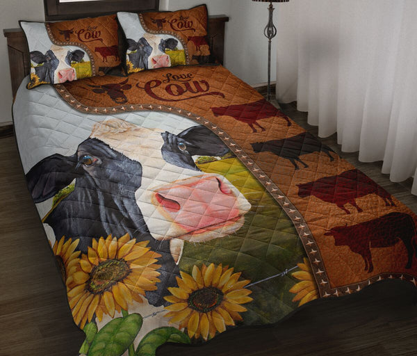 Cow Art Leather Style Quilt Bed Set - Love Quilt Bedding Set