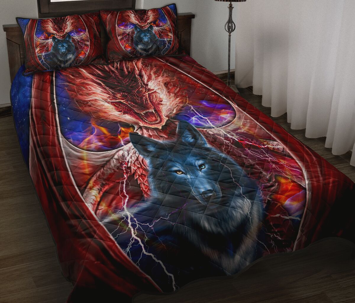 Dragon Fire And Wolf Galaxy Light Style Quilt Bed Set - Love Quilt Bedding Set