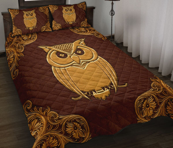 Owl Flying Leather Carving Style Quilt Bed Set - Love Quilt Bedding Set