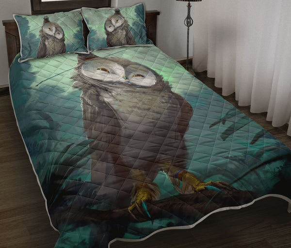 Owl In Forest Art Drawn Style Quilt Bed Set - Love Quilt Bedding Set