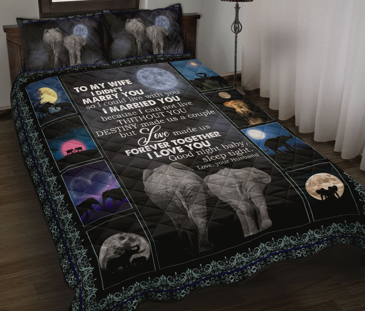 Elephant Love Dark Moon Quilt Bed Set - Love Quilt Bedding Set