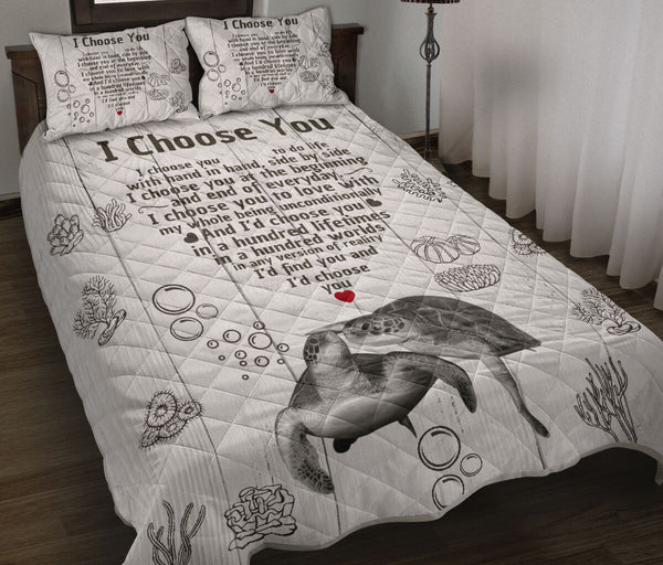 Turtle Heart I Choose You Quotes Drawn Sea Quilt Bed Set - Love Quilt Bedding Set