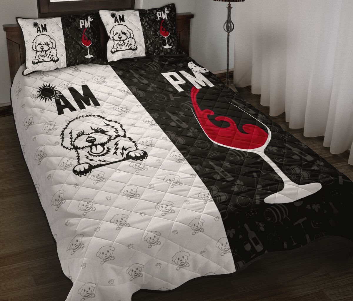 Bichon Frise Dog Black And White Style Quilt Bed Set - Love Quilt Bedding Set