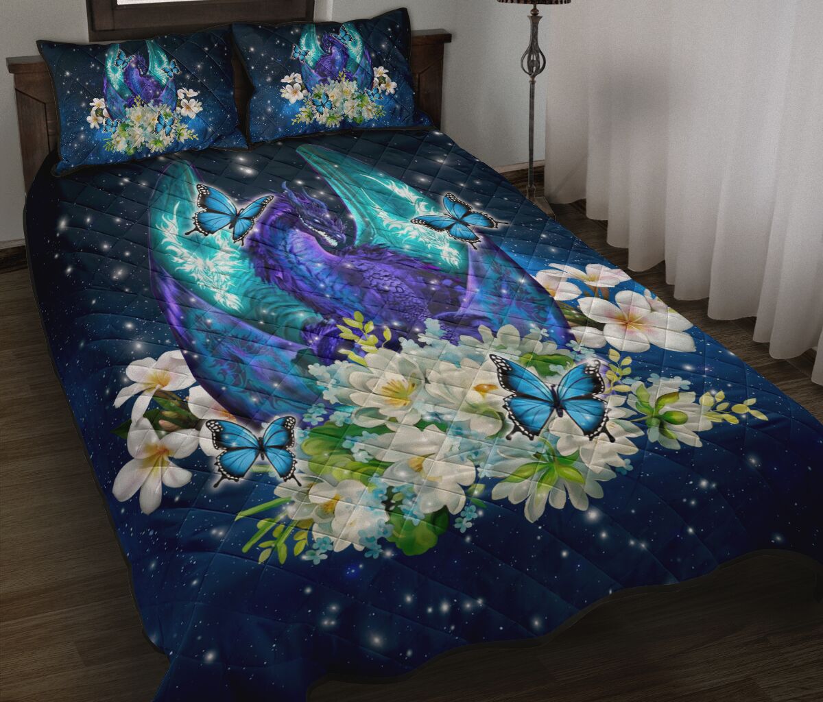 Dragon Blue Floral Blue Style Quilt Bed Set - Love Quilt Bedding Set