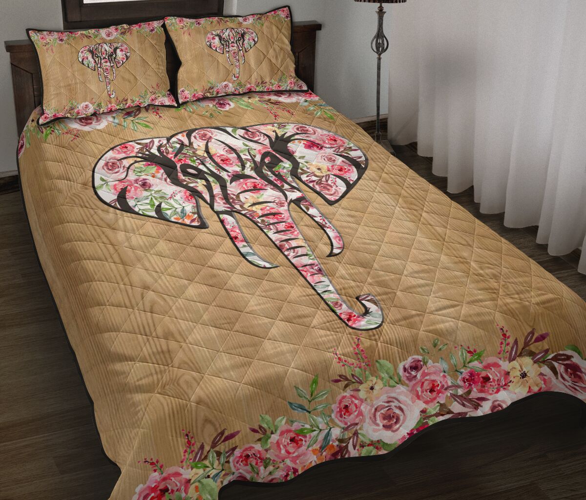 Elephant Flower Wood Style Quilt Bed Set - Love Quilt Bedding Set