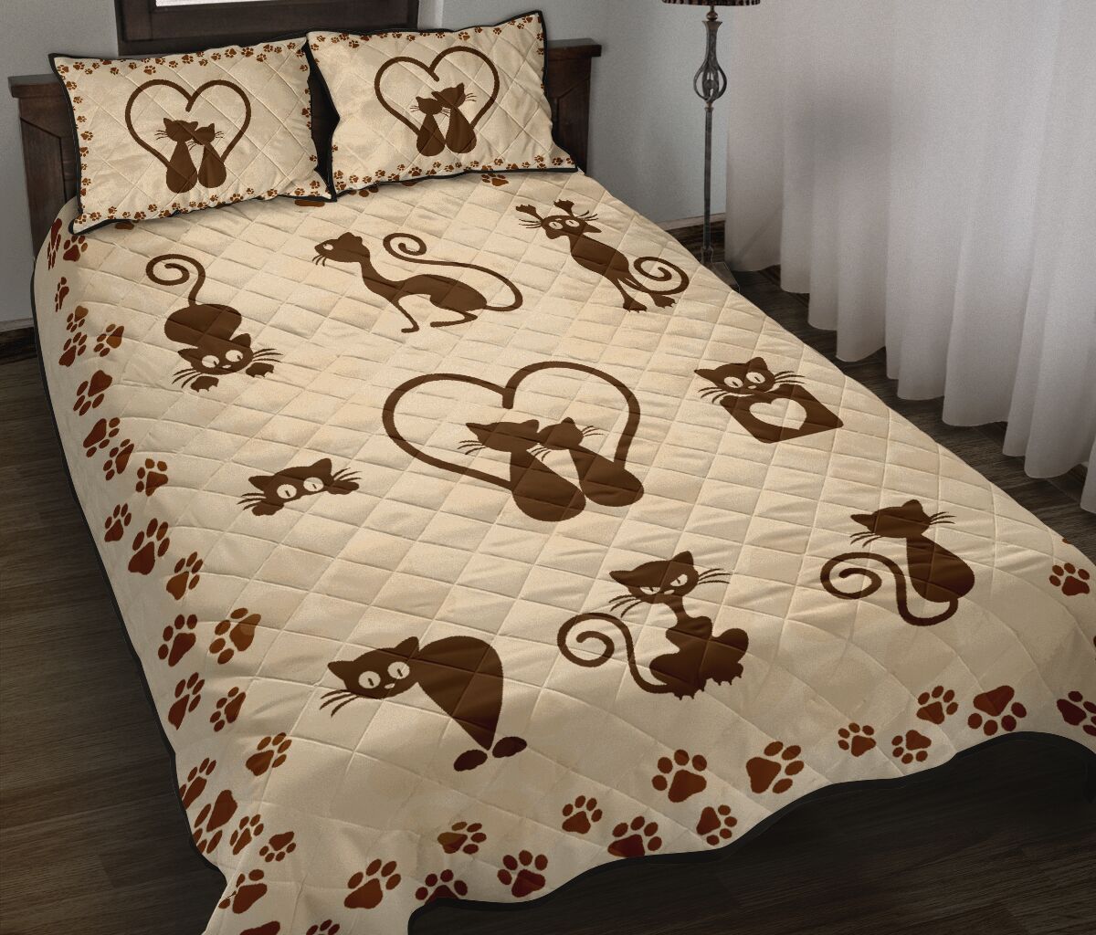 Cats Lover Pattern Quilt Bed Set - Love Quilt Bedding Set