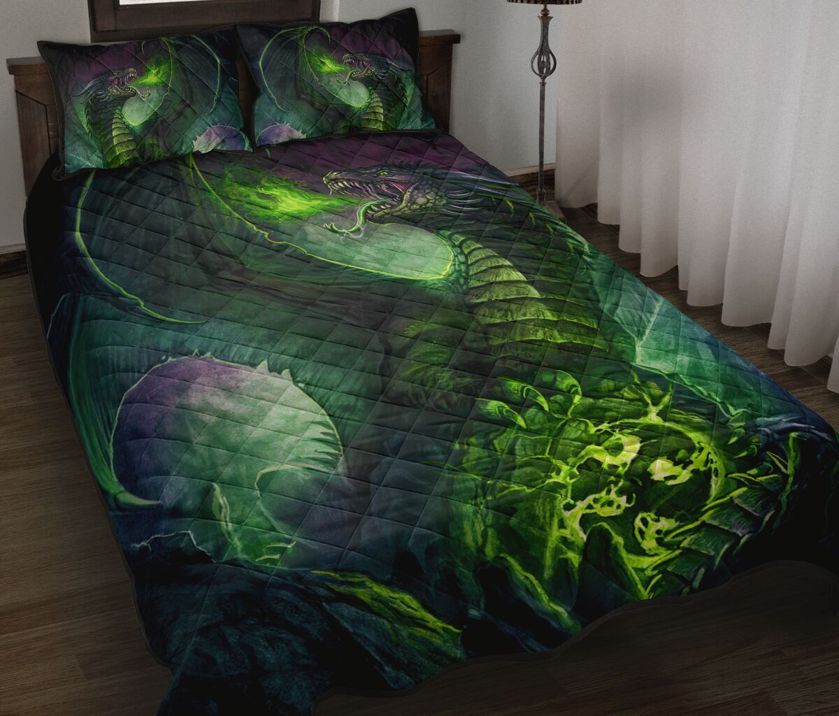Dragon Fire Green Moutain Art Style Quilt Bed Set - Love Quilt Bedding Set