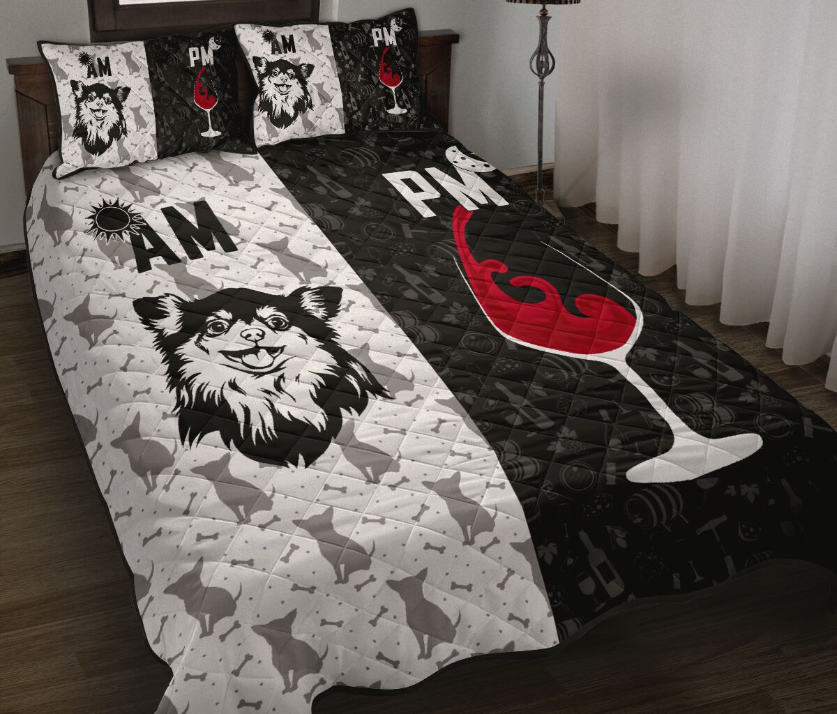 Chihuahua Long Haired Black And White Style Quilt Bed Set - Love Quilt Bedding Set