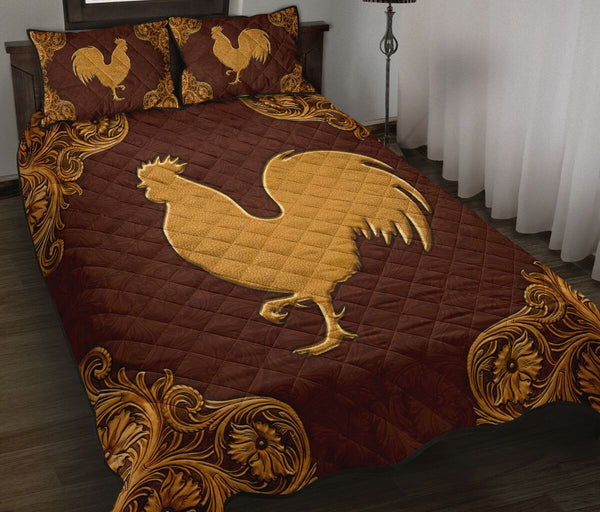 Chicken Flying Leather Carving Style Quilt Bed Set - Love Quilt Bedding Set