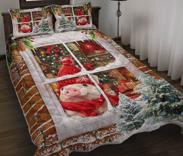 Pig Snow Christmas Window Art Style Quilt Bed Set- Love Quilt Bedding Set