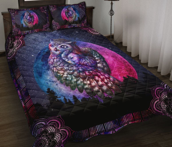 Owl Drawn Galaxy Mandala Flower Style Quilt Bed Set - Love Quilt Bedding Set