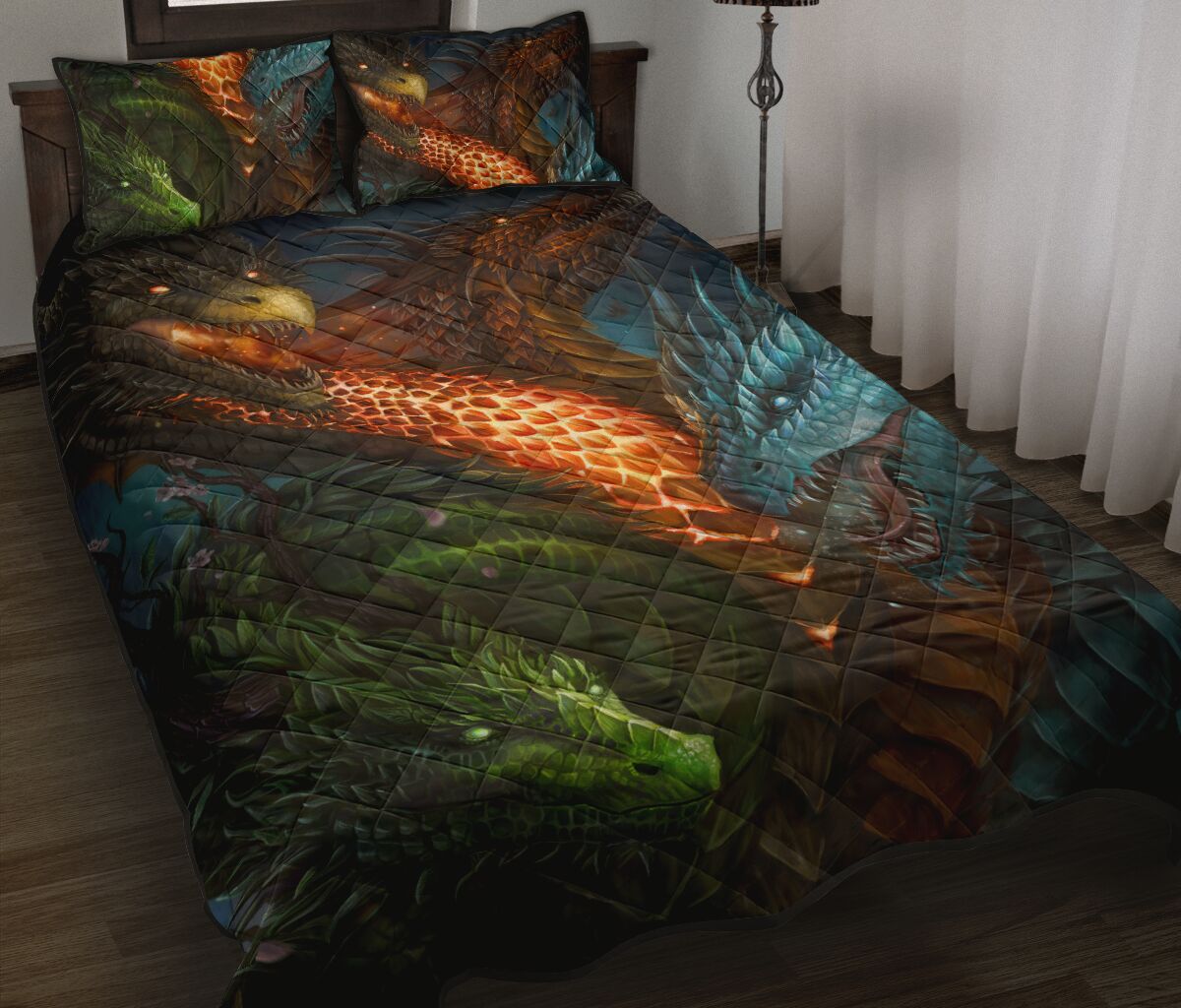 Dragon Green Ice Black Fire Style Quilt Bed Set - Love Quilt Bedding Set