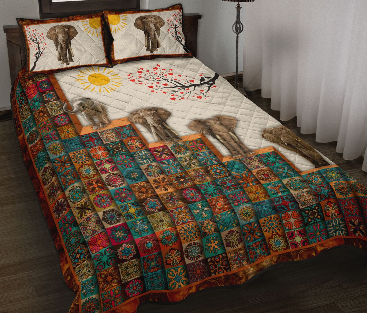Elephant Sun And Tree Mandala Style Quilt Bed Set - Love Quilt Bedding Set