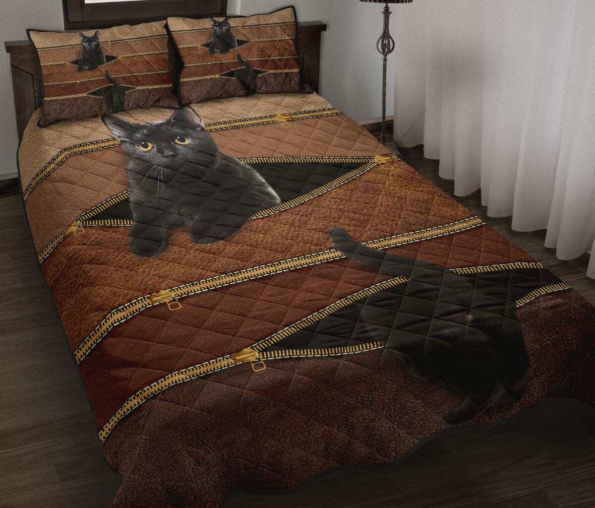 Cat Black Zipper Leather Quilt Bed Set- Love Quilt Bedding Set